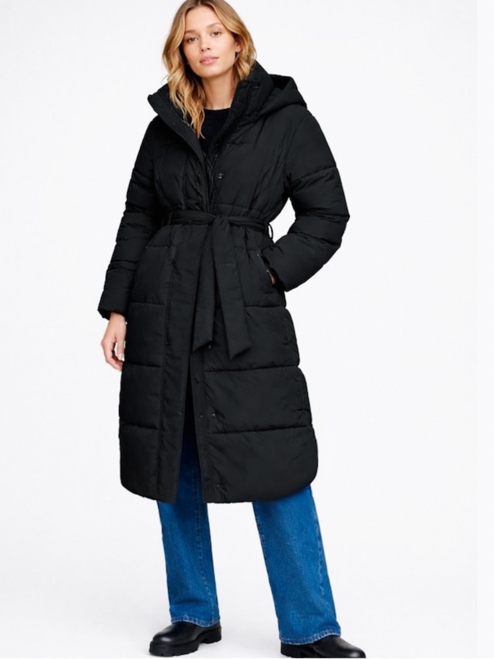 Gap Women's Hooded Big Puff Coat Belted Colour True Black Size Large
